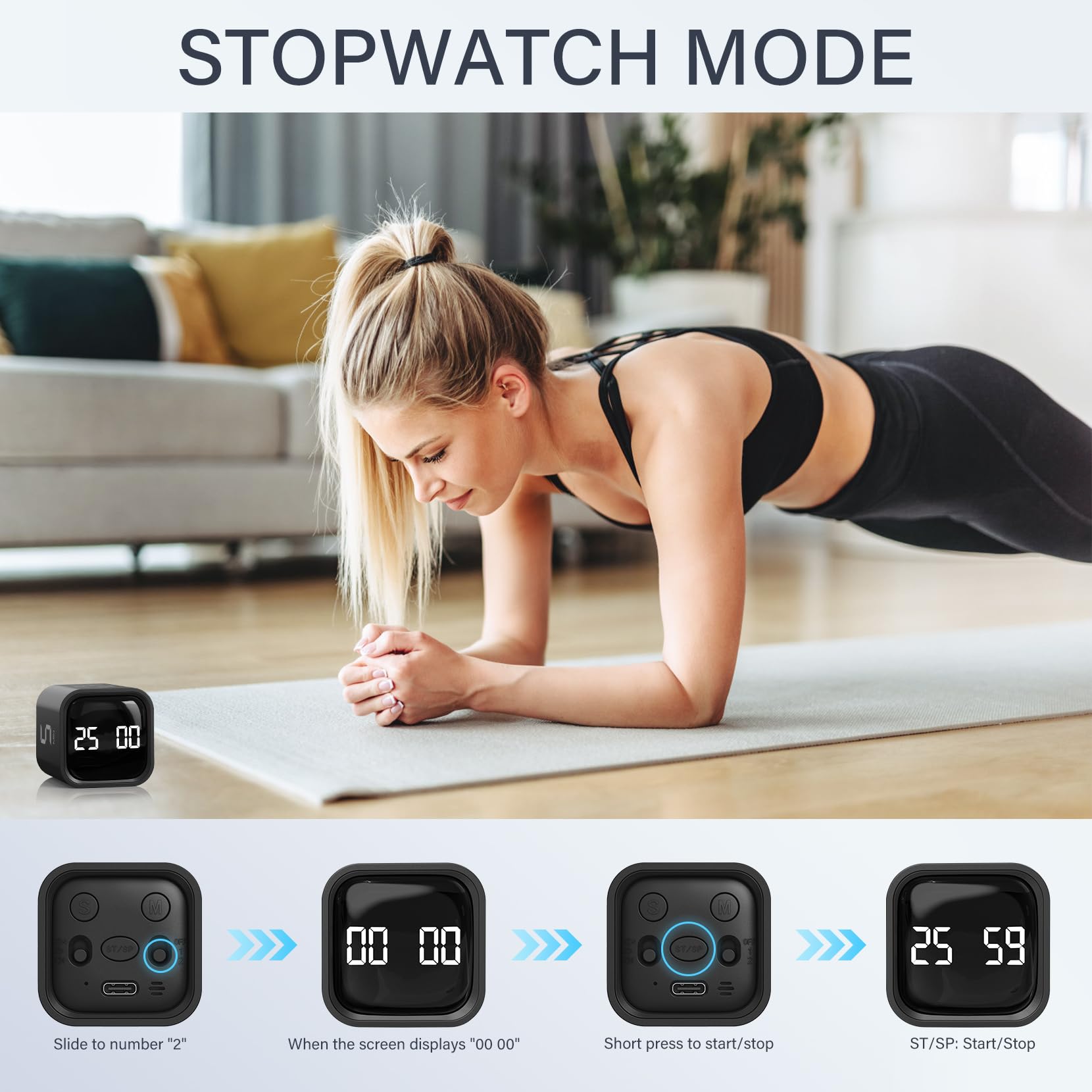 Rotating Pomodoro Timer 5, 25, 10 50 Minutes Preset, Desk Productivity Flip Timer, ADHD Tool Cube Countdown Stopwatch, Vibration/High/Low Volume/Custom Modes, for Work, Study, Back to School, Kitchen