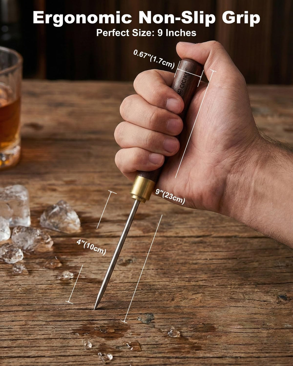 Heavy Duty Ice Pick & Ice Breaker Tool with Safety Cover - Stainless Steel Wood Handle for Bartending, Freezer Defrosting & Winter Survival (Pic à Glace) - 9 Inch (Pack of 2)