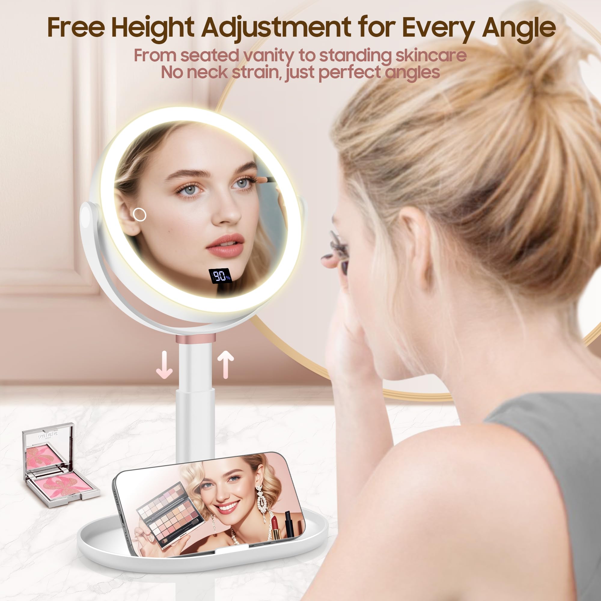 GOMIPURU Makeup Magnifying Mirror with Light 30X/1X, Digital Display, 2-Sided Touch Control, Makeup Mirror with 3 Color Lights,360°, Height Adjustable Lighted Magnifying Mirrors for Desk Travel,White