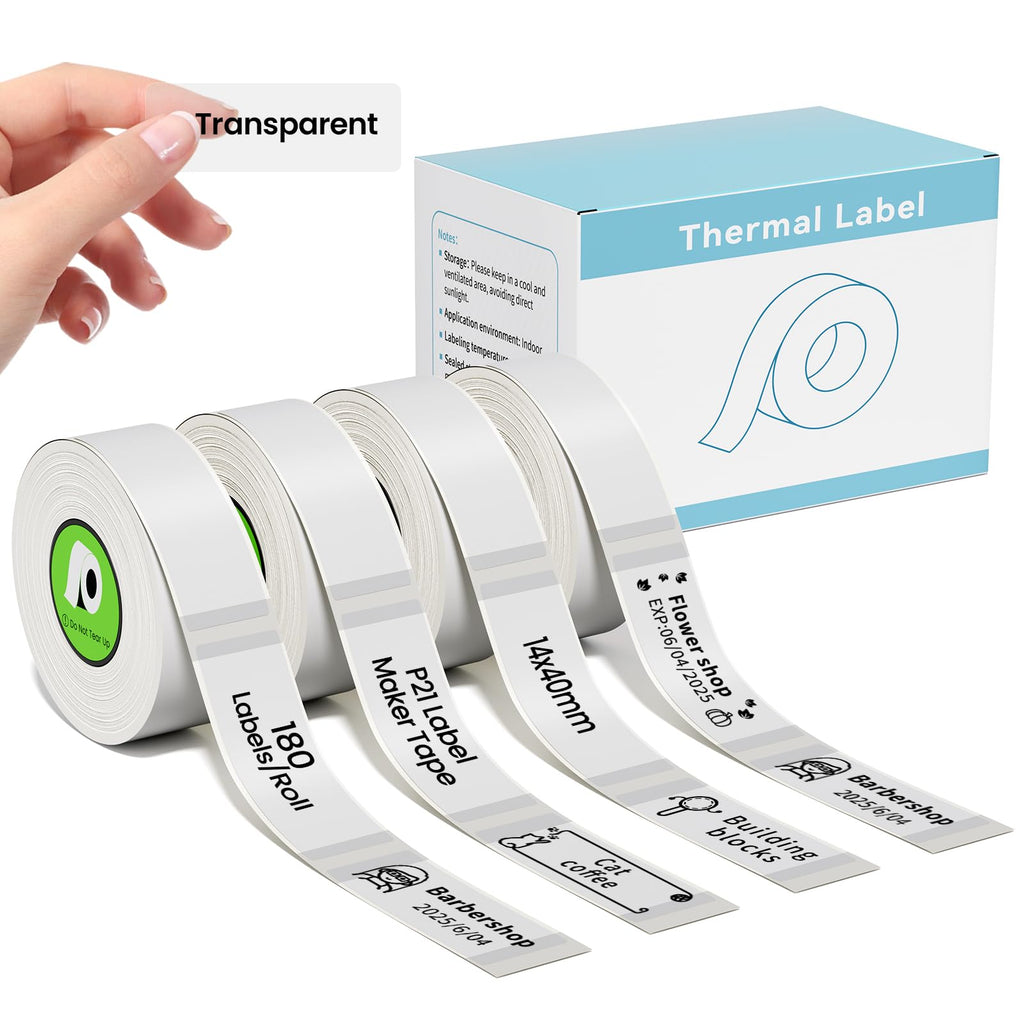 4-Rolls P21 Label Tape Transparent 180 Labels/Roll,14x40mm (0.55"x1.57"),Thermal Label Paper Compatible with Nelko P21 Label Maker, Standard Laminated Thermal Label Tape Replacement, for Home Office