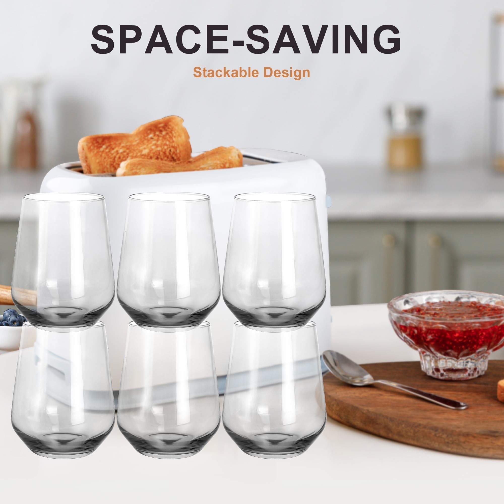 GLAZVIA Stemless Wine Glasses Set of 6, 15oz Clear Drinking Glassware Dishwasher Safe, Wine Glass Tumblers for Red or White, Gift for Party, Holiday, Anniversary, Restaurant, Home Bar, Daily Use