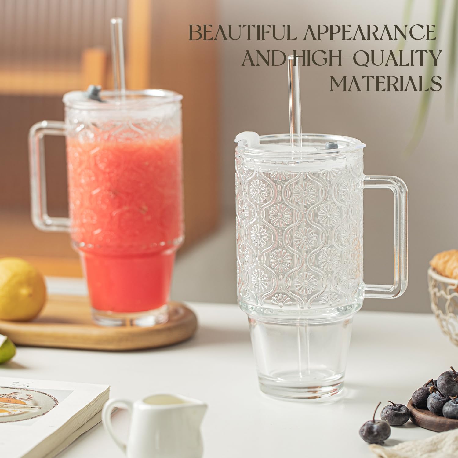 KEMORELA 24oz Ribbed Glass Cups with Lids and Straws,Glass Tumbler with Handle,2 set–Reusable Glass Ice Coffee Cups with Lid and Straw for Smoothies,Tea,Juice,Boba Cup for Cold & Hot Drinks,Travel Cup