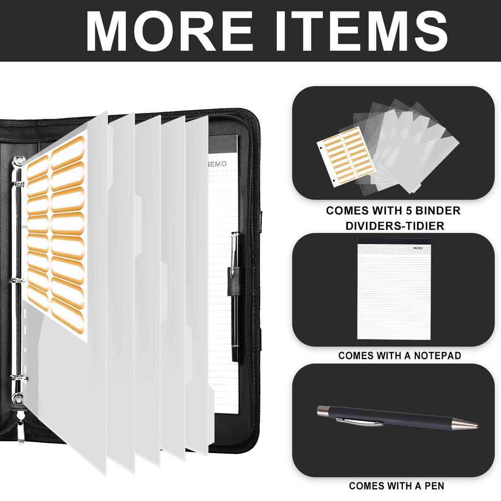 Leathario Portfolio, Vegan Leather A4 Padfolio with Handle, 3-Ring Zipper Binder, Includes 5 5-Tap Binder Dividers, Multi-Pocket Business Folder for Tablets, Files and Notepads, Office Supplies
