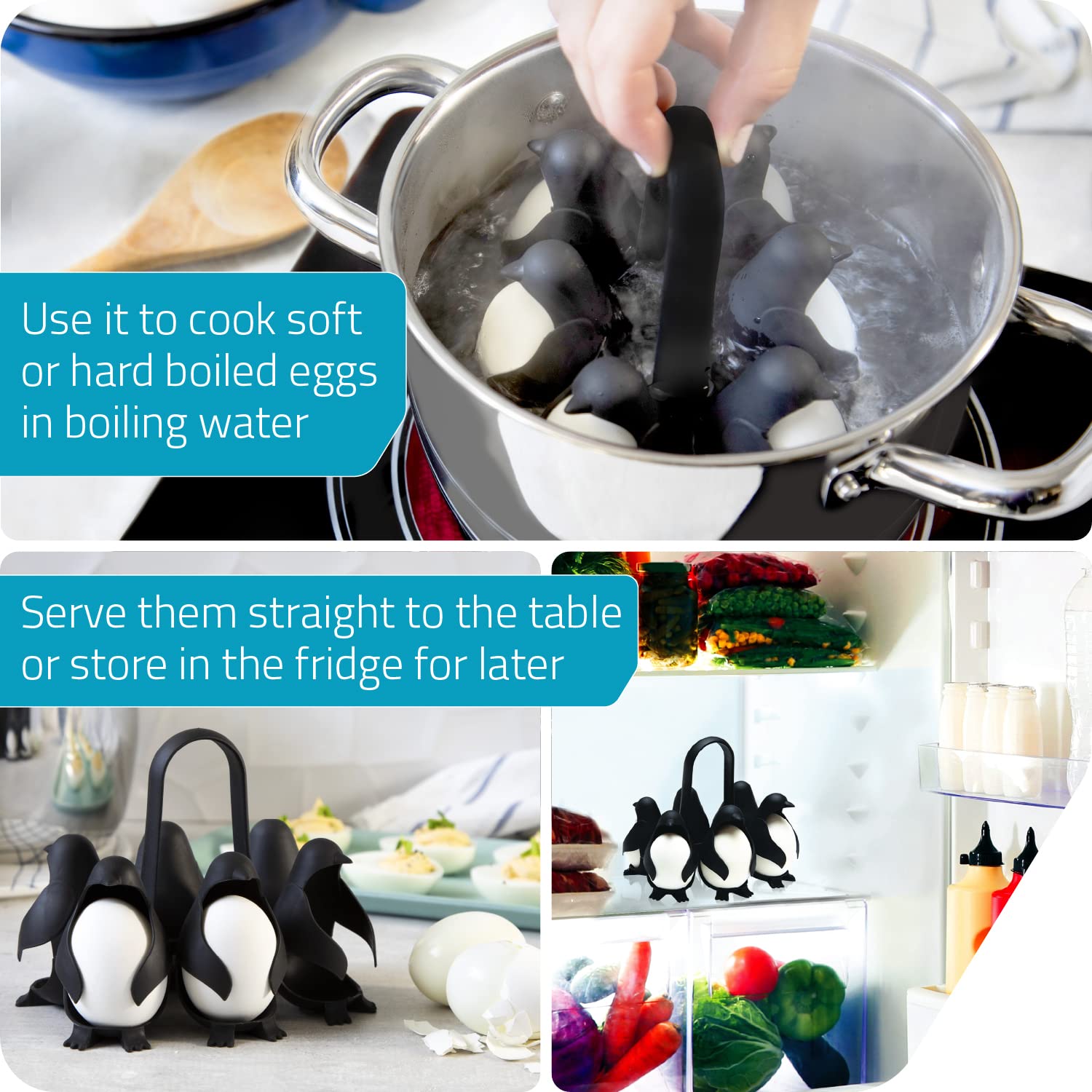 PELEG DESIGN Egguins 3-in-1 Cook, Store and Serve Egg Holder, Penguin-Shaped Boiled Egg Cooker for Making Soft or Hard Boiled Eggs, Eggies, Holds 6 Eggs for Easy Cooking and Fridge Storage