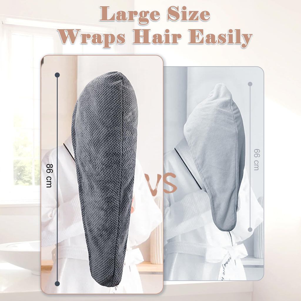 FREATECH 2-Pack Large Microfibre Hair Towel Wrap for Women, 86 x 26 cm Thicken Super Absorbent Hair Turbans, Anti-frizz Hair Drying Towel with Elastic Band for Wet Long Thick Curly Plopping Hair