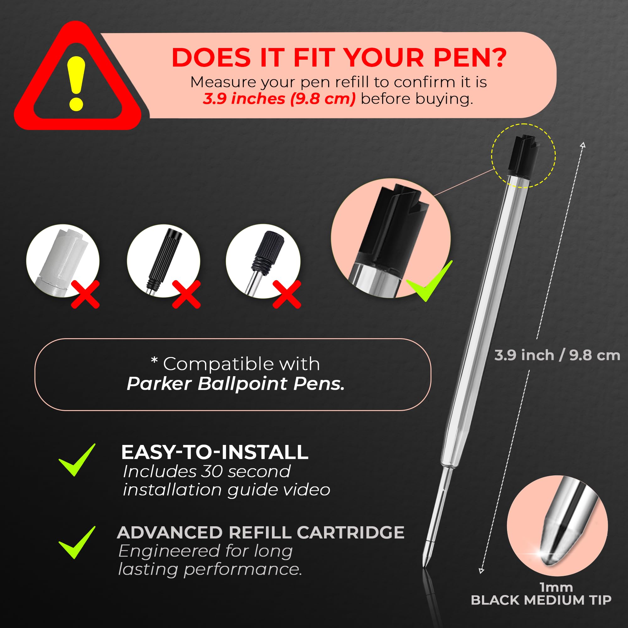 MESMOS 6 Pack 3.9 inch (9.8cm) Pen Refills, Compatible with Parker Pen, Replacement Ink Refills, 1.0mm Smooth Writing Tip Ballpoint Cartridge (Ballpoint - Black Ink 1mm)