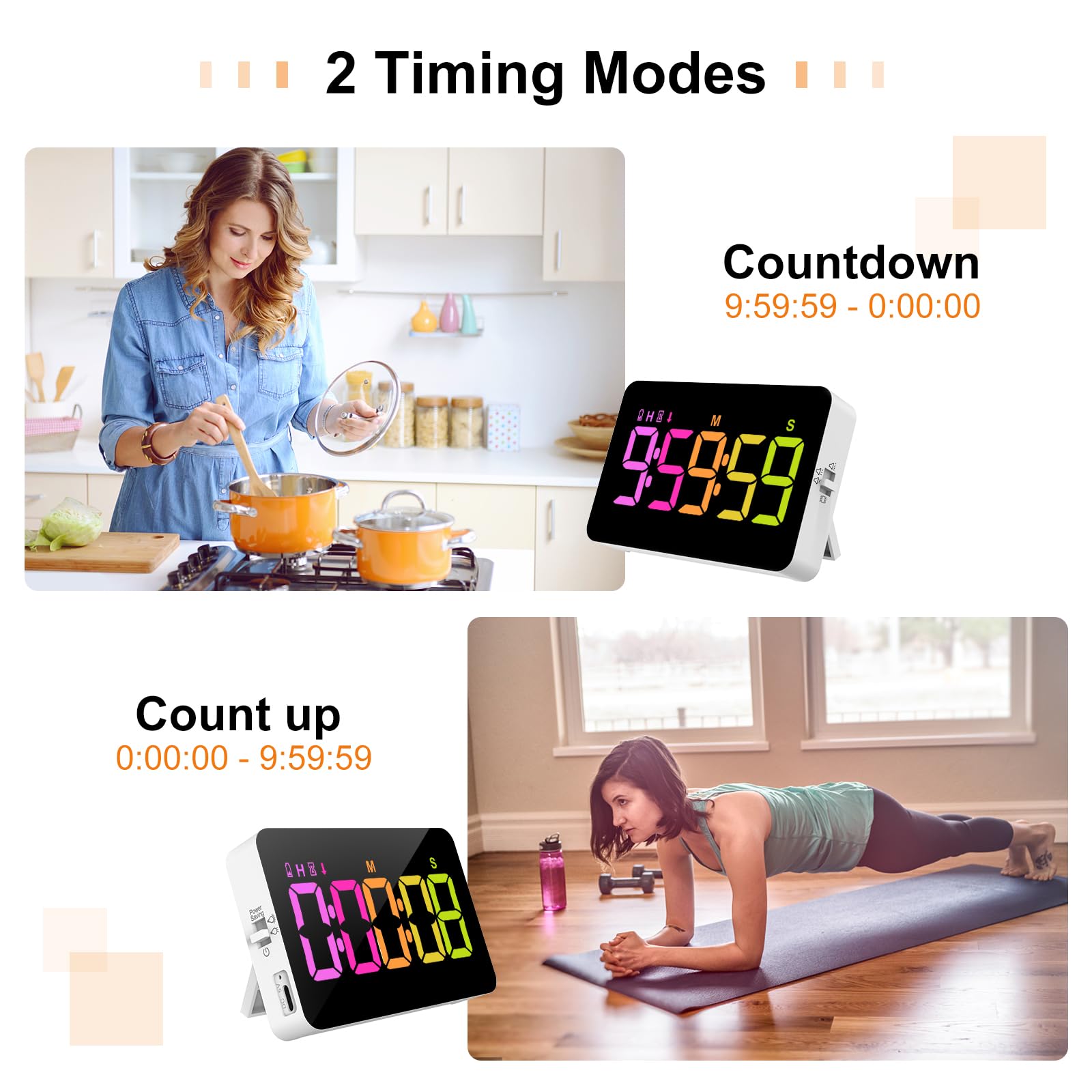 Kitchen Timer for Cooking, 10 RGB Color Changing Digital Magnetic Timer, Countdown/Up, Rechargeabilit, 3 Brightness Display, 3 Volume Levels and Vibration Mode, for Classroom, Home, Study, Fitness