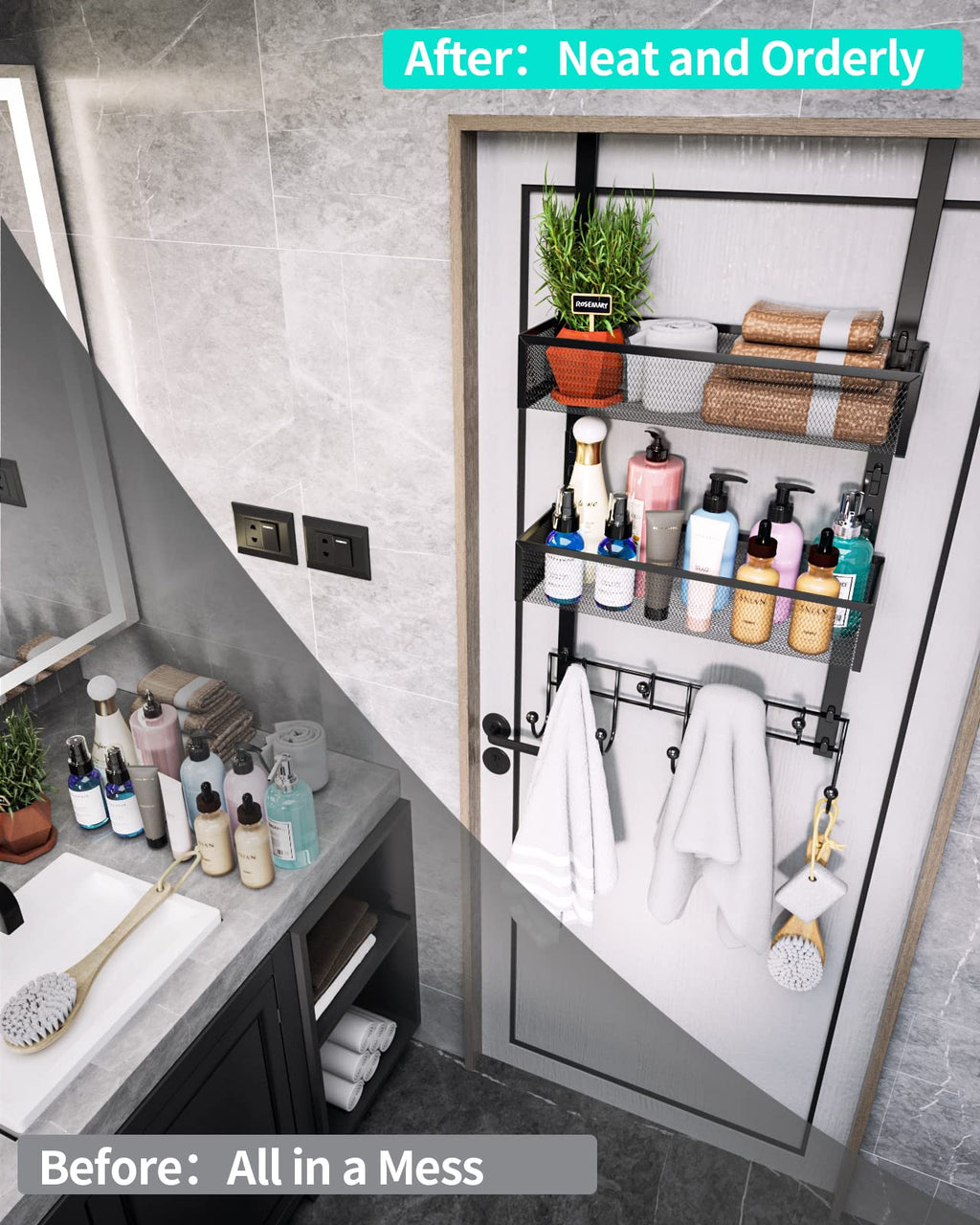 HapiRm Over The Door Organizer - Over The Door Hooks Hanger with 9 Coat Hooks +2 Mesh Baskets Storage Rack for Clothes Bag, No Drilling (for 1.76in Doors)
