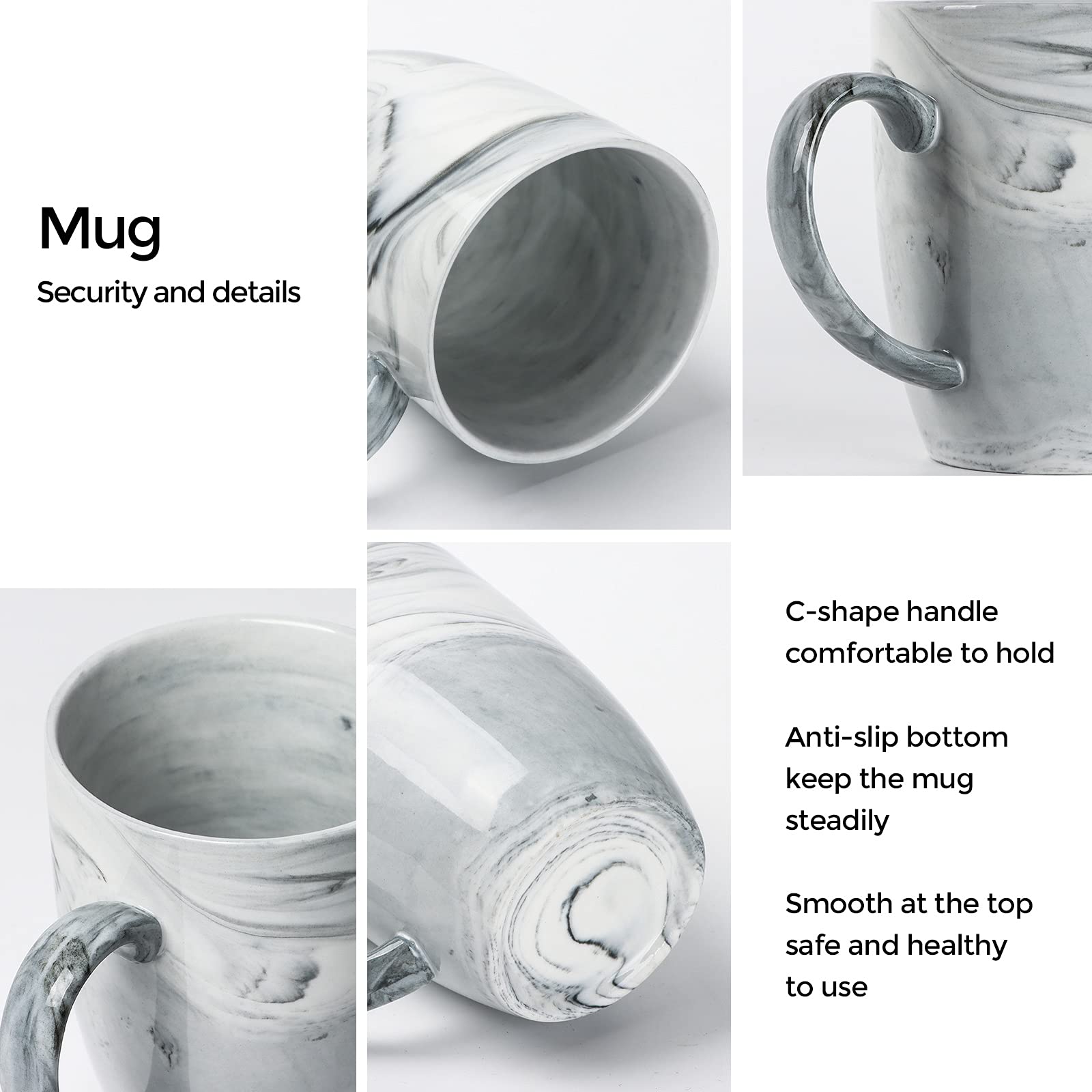 14 OZ Unique Coffee Mugs, Smilatte M067 Novelty Marble Ceramic Cup for Home and Office, Microwave Dishwasher Safe, Set of 4, Gray