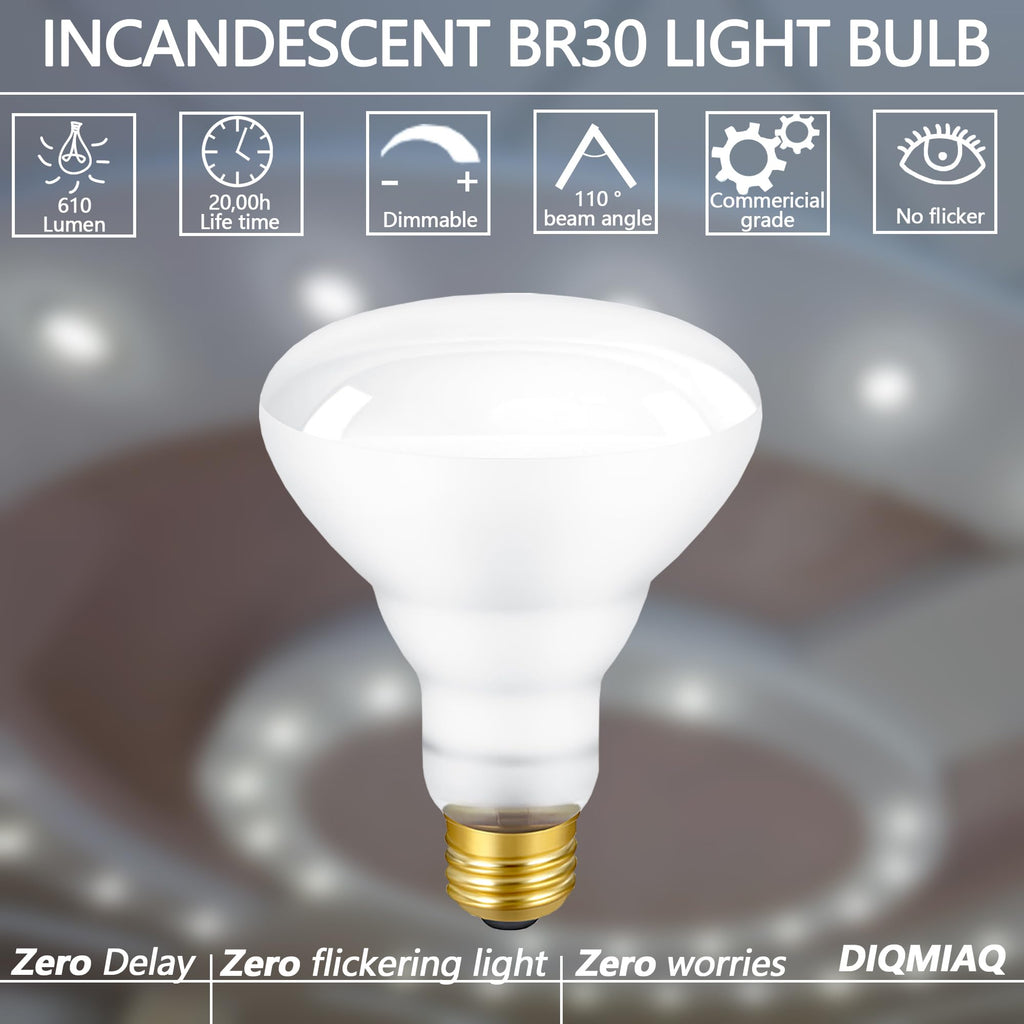 DIQMIAQ BR30 Incandescent Bulbs 65-Watt Indoor Flood Lights E26 Base Indoor Compact Light Bulb 2700K Warm White Light Bulbs for Home (4 Pack)