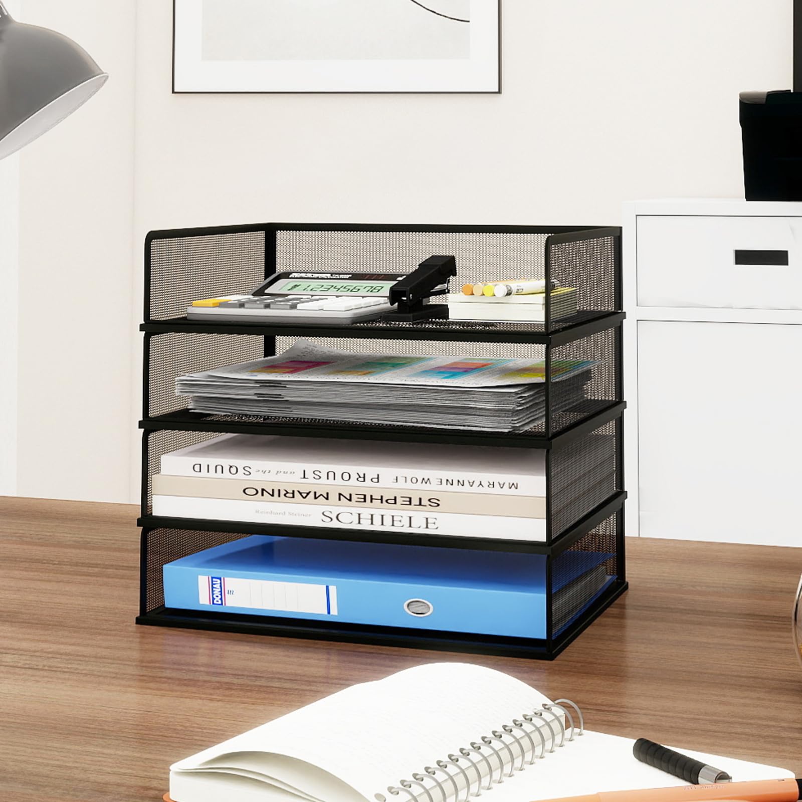 Natwind 4 Tier Stackable Paper Trays for Letter Documents, Desktop File Organizers for Office Supplies, Metal Mesh Desk Organizer，Office Organizer，Letter Trays for Home, Office, School，Black