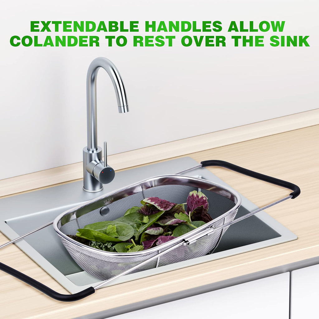 6-Quart Large Over The Sink Colander, 18/8 Stainless Steel Fine Mesh Strainer Basket with Expandable Rubber Grip Handles - Strain, Drain, Rinse Fruits, Vegetables