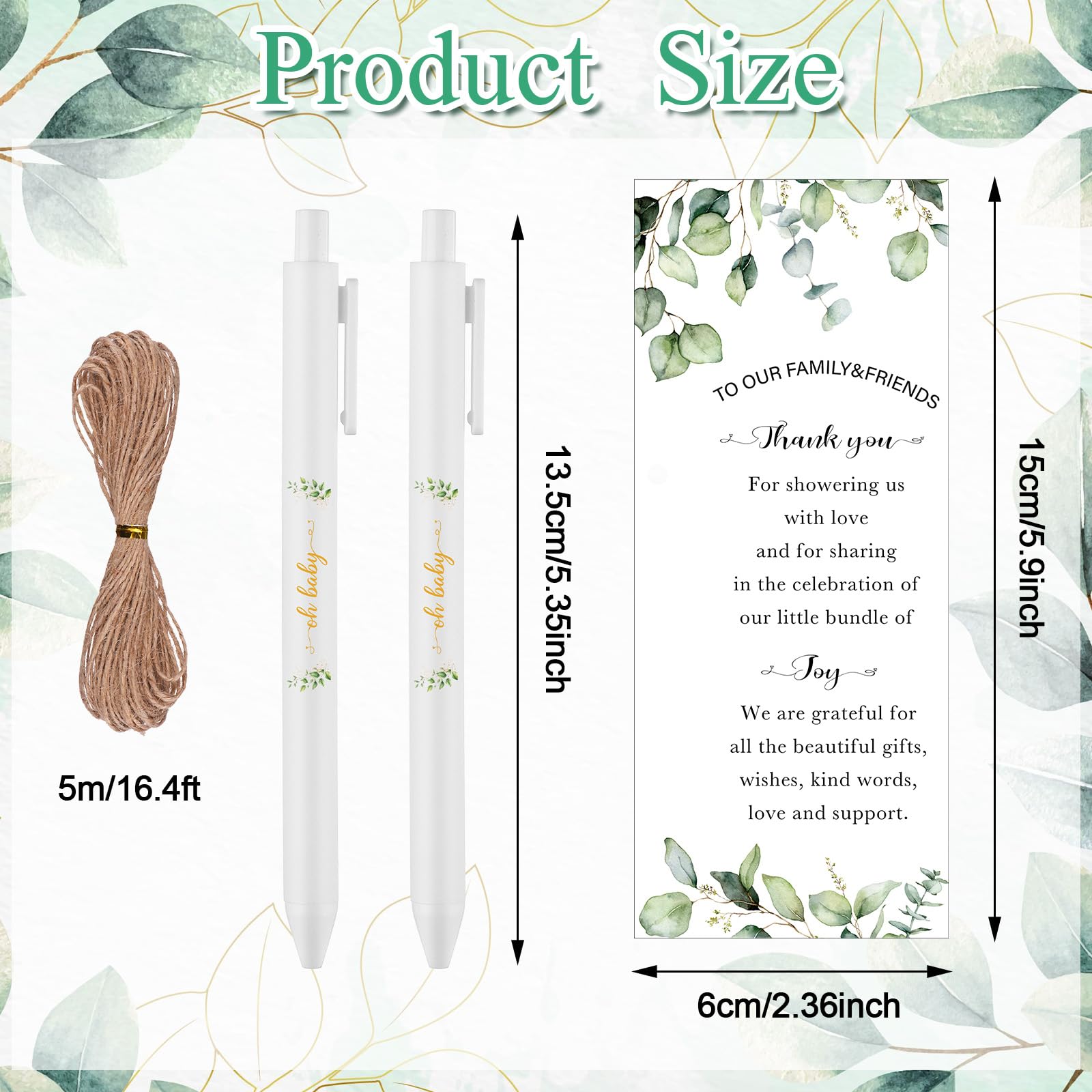 PIAOPIAONIU 36 Sets Baby Shower Favors for Guests Oh Baby Plastic Ballpoint Pens Thank You Cards with Hemp Rope for Gender Reveal Party Game Prizes Souvenirs (Greenery)