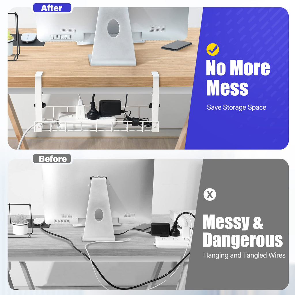 Under Desk Cable Management Tray, Xpatee Upgraded Wire Management No Drill No Screws, Cable Tray with Clamp for Wire Organizers, Computer Cord Rack for Office, Home - No Damage to Desk White