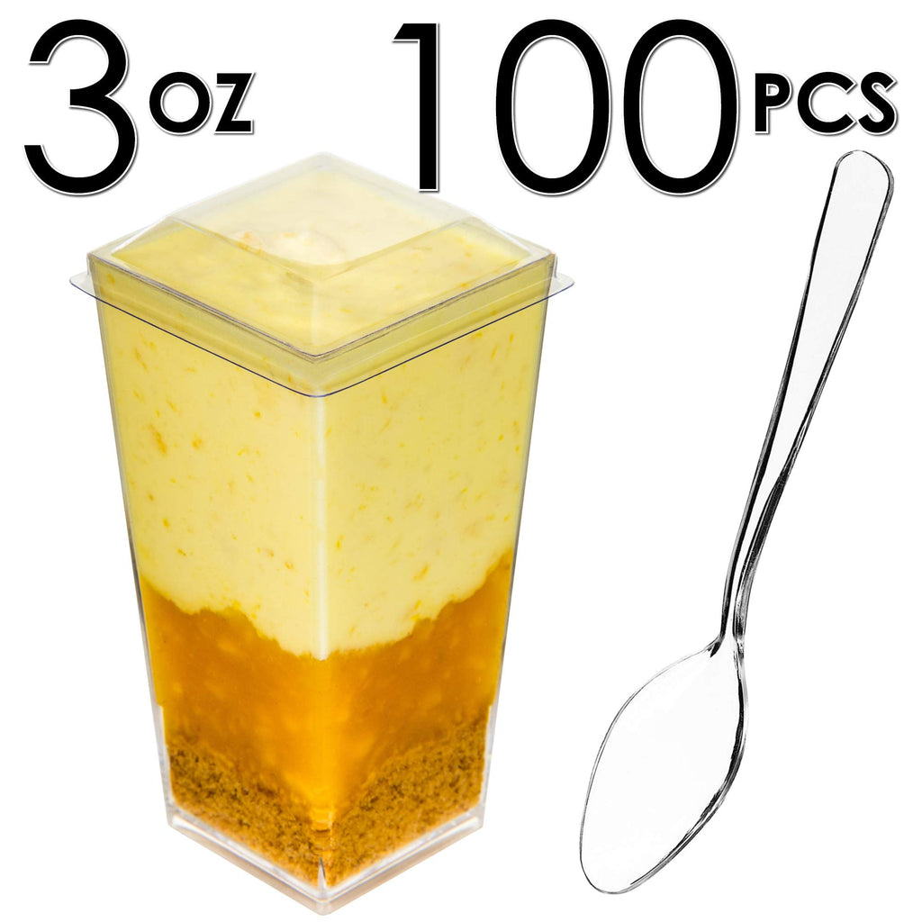 DLux 100 x 3 oz Mini Dessert Cups with Spoons and Lids,Square Tall- Clear Parfait Appetizer Cup Small Reusable Serving Bowl for Party -with Recipe Ebook