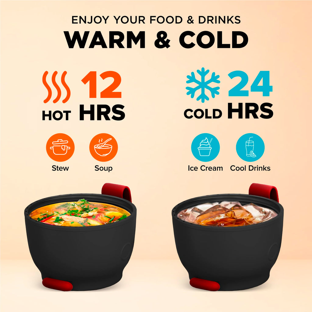 Vacuum Insulated Food Jar. Bowl incl. Folding Spoon, Cup. Wide Mouth Keep Hot & Cold Drinks Soup Lunch Container for Adults. BPA-Free Stainless Steel, Leak Proof Radiant red, 17oz