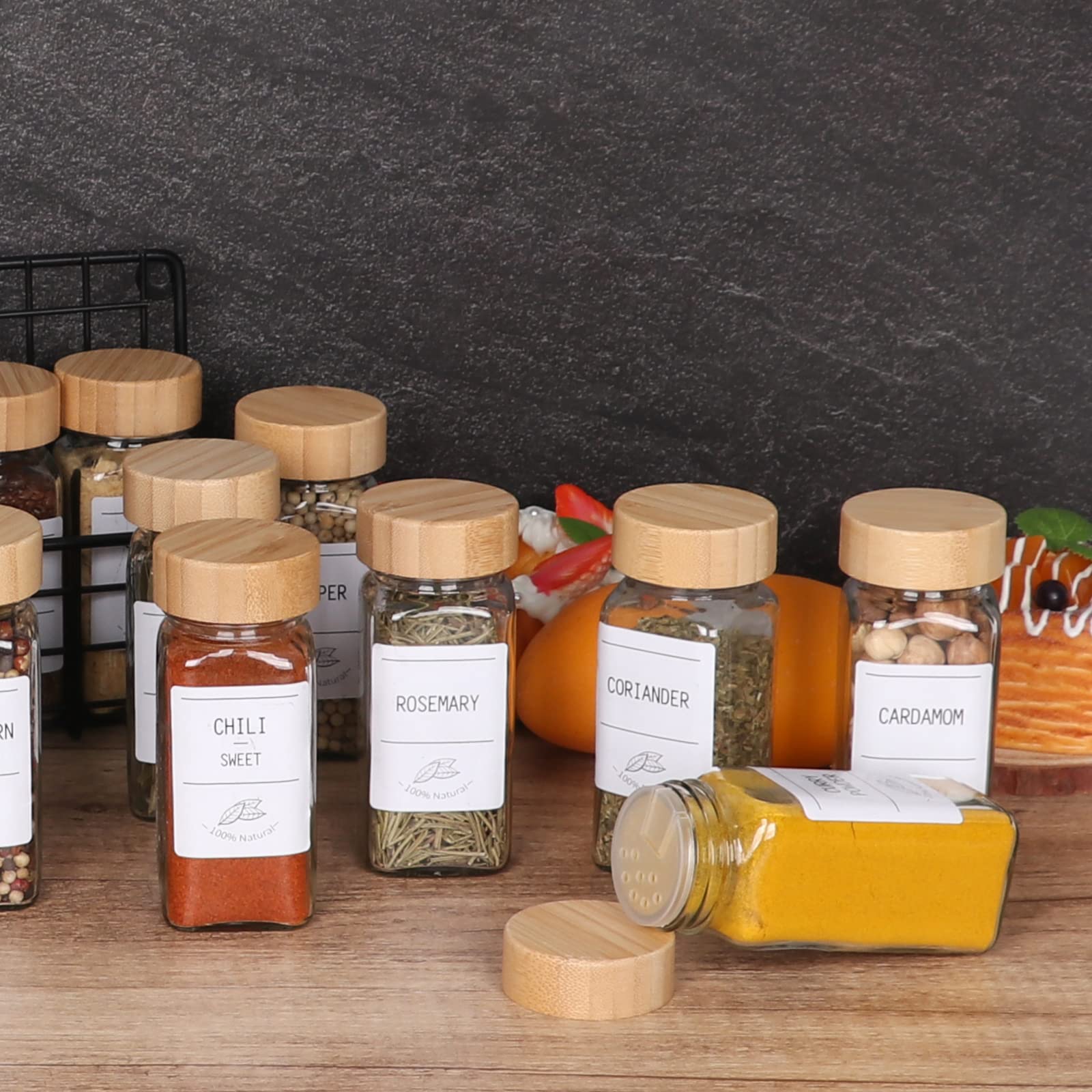 EkkoVla 16 Pack 4 oz Glass Spice Jars with Bamboo Lids, Empty Square Spice Containers with Blank＆Printed Spice Labels for Kitchen Cabinet