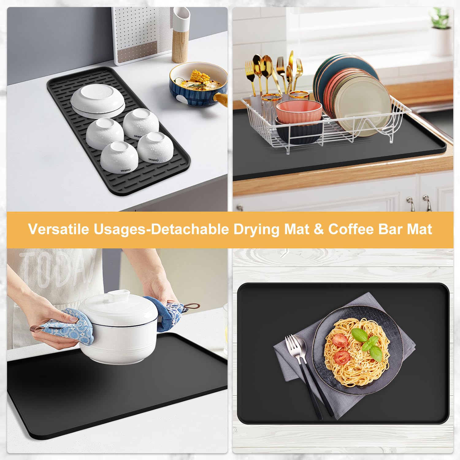 Silicone Coffee Mat,24''x16'' Coffee Bar Mat with Detachable Dish Drying Mat for Kitchen Countertops,Coffee Bar Accessories Fit Under Coffee Maker Coffee Machine Coffee Pot Espresso Machine Dish Rack