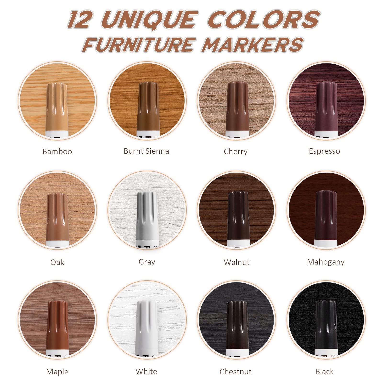DEWEL Premium Furniture Touch Up Markers, 12 Colors Wood Scratch Repair Markers Kit, Perfect Wood Markers Pens for Scratches, Stains, Wooden Floors, Tables, Bedposts