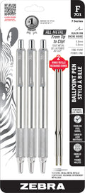 Zebra Pen F-701 Retractable Ballpoint Pen 3-Pack plus 2 Refills, Fine Point 0.8mm, Black Ink, All Metal Durable Construction – Easy-Glide Ink, Knurled Non-Slip Grip, Metal Clip (29412)