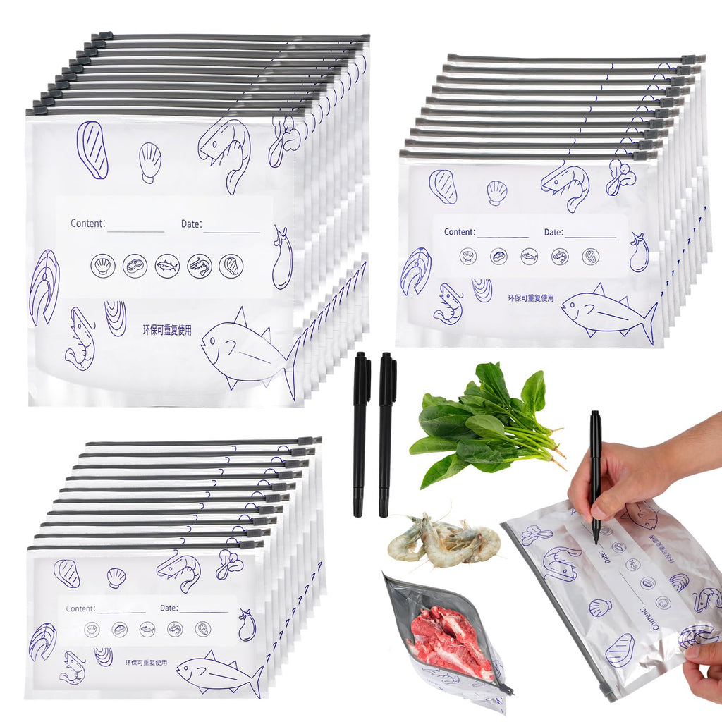 30pcs Aluminum Foil Reusable Sealable Storage Bags, 3 Sizes Resealable Vacuum Zipper Bags with 2 Pen Freezer Zip Lock Organization with Labels for Food Vegetables Meat Fruits