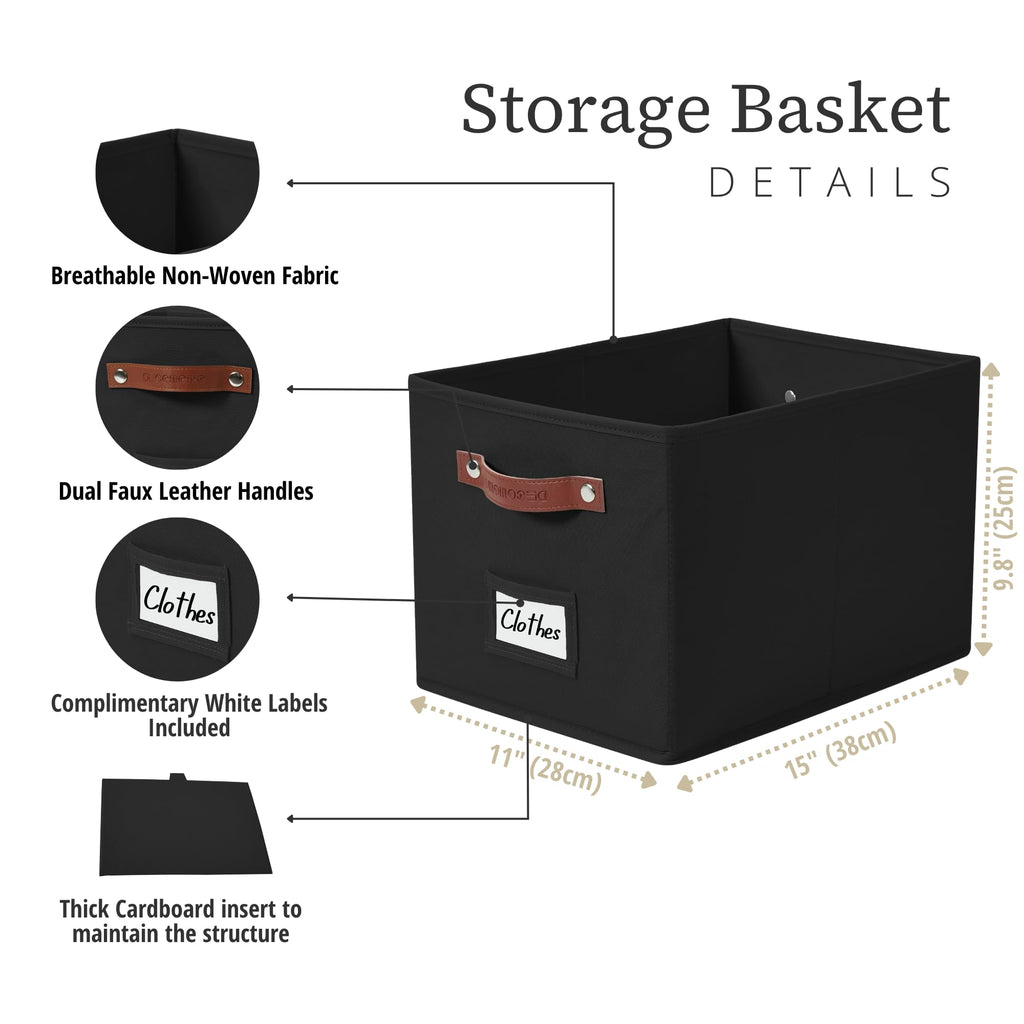 DECOMOMO Storage Baskets for Shelves, 15x11x9.9 inches Foldable Storage Bins with Labels (Black, 4pcs)