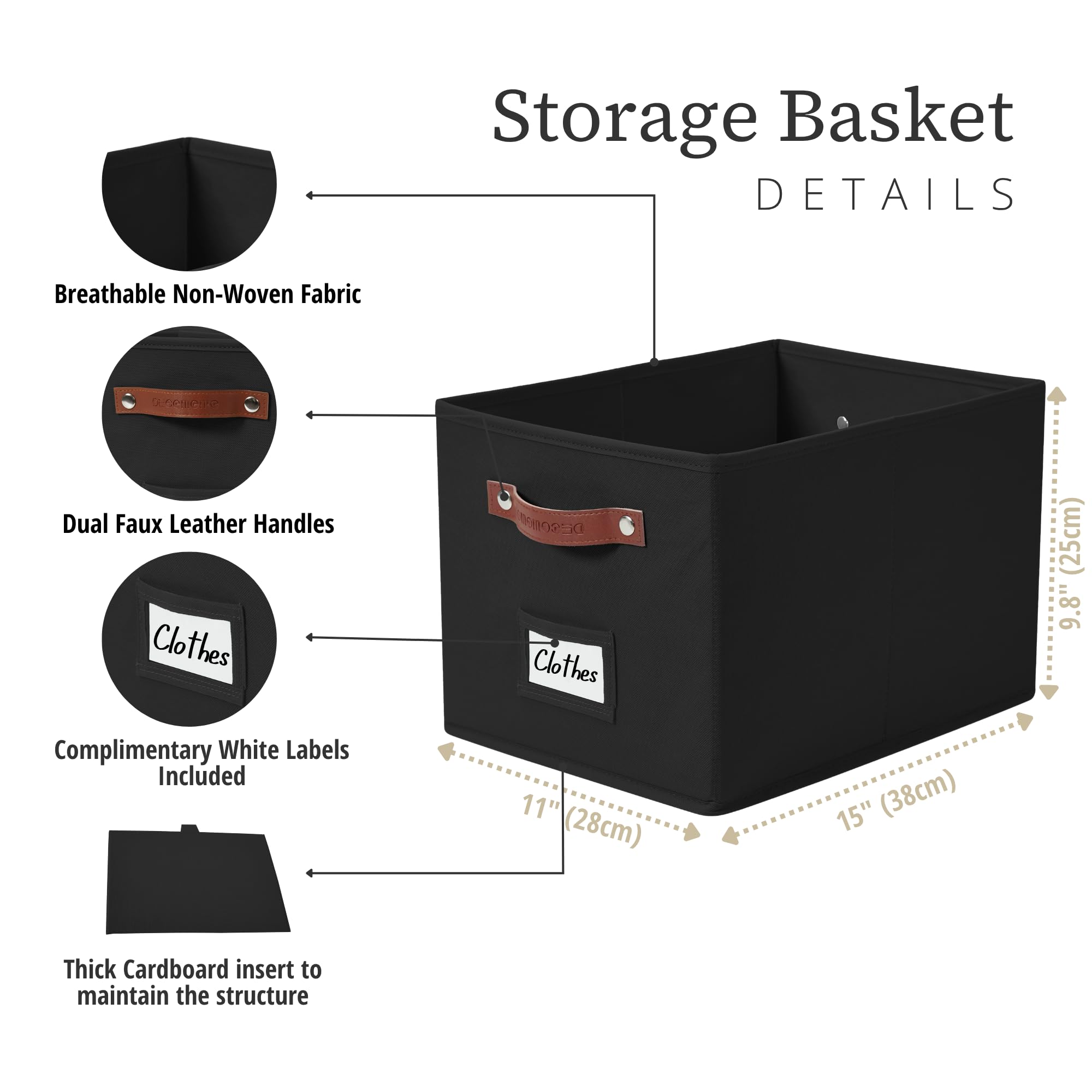 DECOMOMO Storage Baskets for Shelves, 15x11x9.9 inches Foldable Storage Bins with Labels (Black, 4pcs)