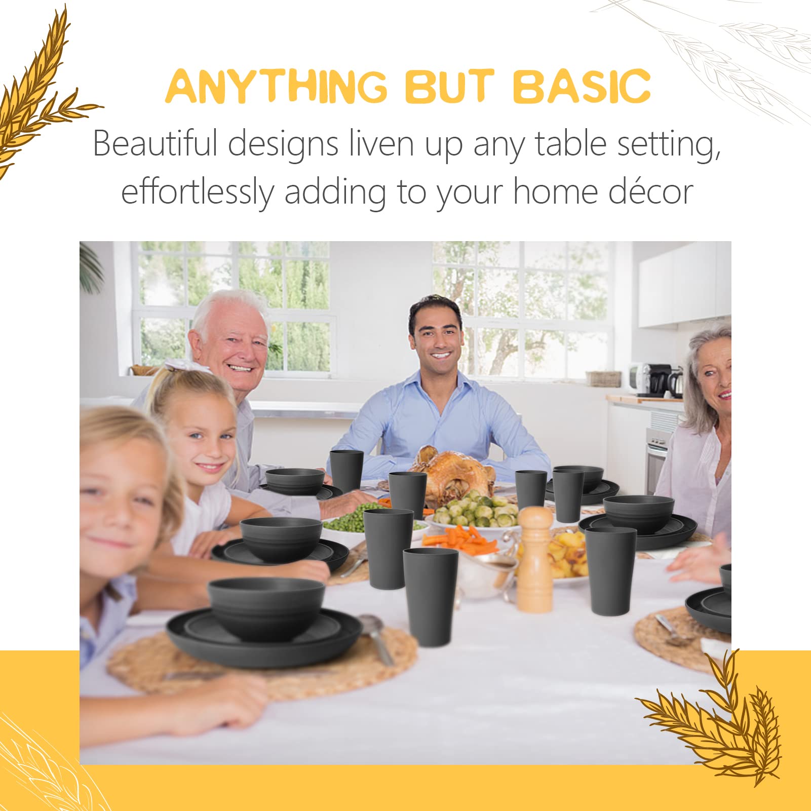 Teivio 32 Piece Kitchen Plastic Wheat Straw Dinnerware Set for 8, Dinner Plates and Bowls Set, Cups, Unbreakable Dishwasher Outdoor Camping RV Essentials Dishes, Black Vaisselle Cuisine