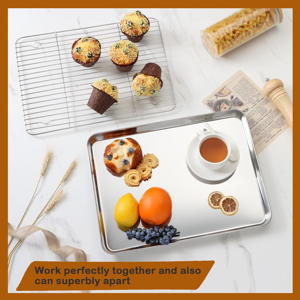 Baking Sheet with Rack Set (1 Sheet + 1 Rack), HaWare Stainless Steel Cookie Sheet for Oven Baking, 16”x12” Baking Pan Tray with Cooling Rack, Non Toxic & Heavy Duty, Dishwasher Safe