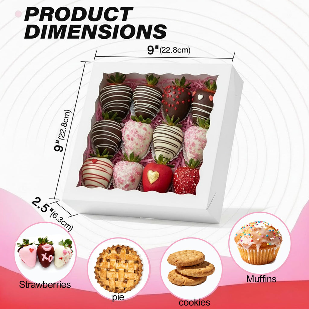 TEMLQPACK 50pcs 9x9x2.5 Inches White Bakery Boxes - Cookies, Pie, Chocolate Covered Strawberries, Breakable Heart, Charcuterie Boxes for Valentine's & Christmas