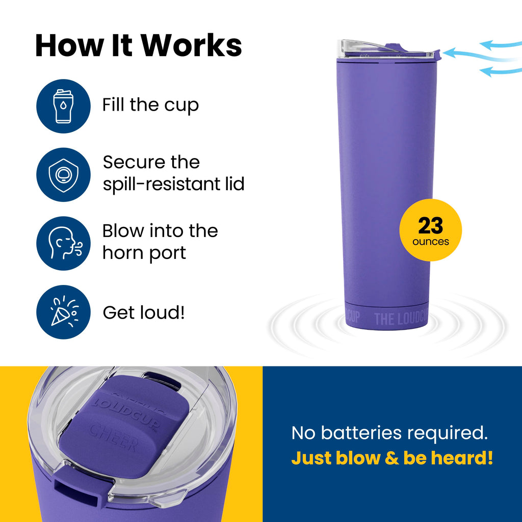 The LoudCup Blow Horn Tumbler, 2-in-1 Cheer & Sip Reusable Water Bottle with Built-In Horn for Sports Games, Tailgates & Parties, BPA-Free, 23 oz, Royal Purple