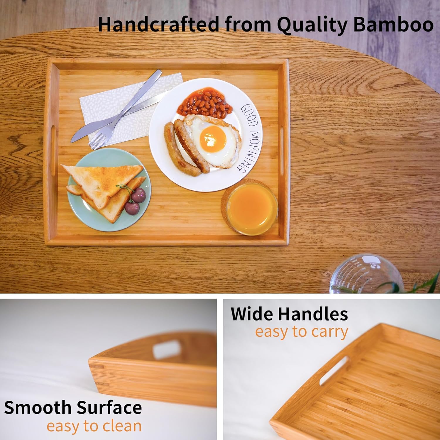 Joy&Grace Bamboo Serving Tray with Handles, Dinner Food Tray for Bed Breakfast Eating and Serving, for Coffee Table Ottoman TV, Decorative Wood Large Charcuterie Platter 42.6 x 32.5 cm 1 Pack