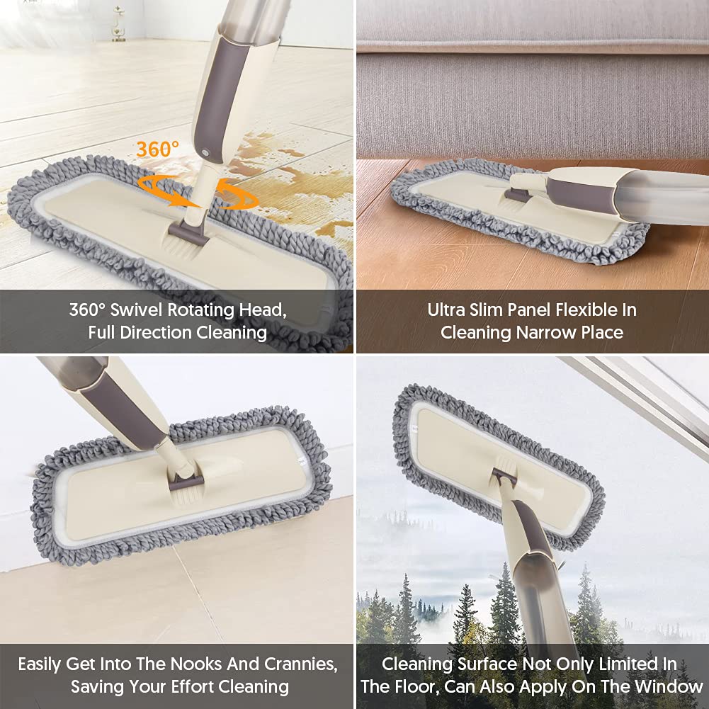MEXERRIS Spray Mops for Floor Cleaning - Wet Dry Dust Kitchen Floor Mop with 410ML Refillable Bottle 360°Rotatable Hardwood Mop for Laminate Wood Tiles 3 Microfiber Reusable Pads and 1 Scrubber