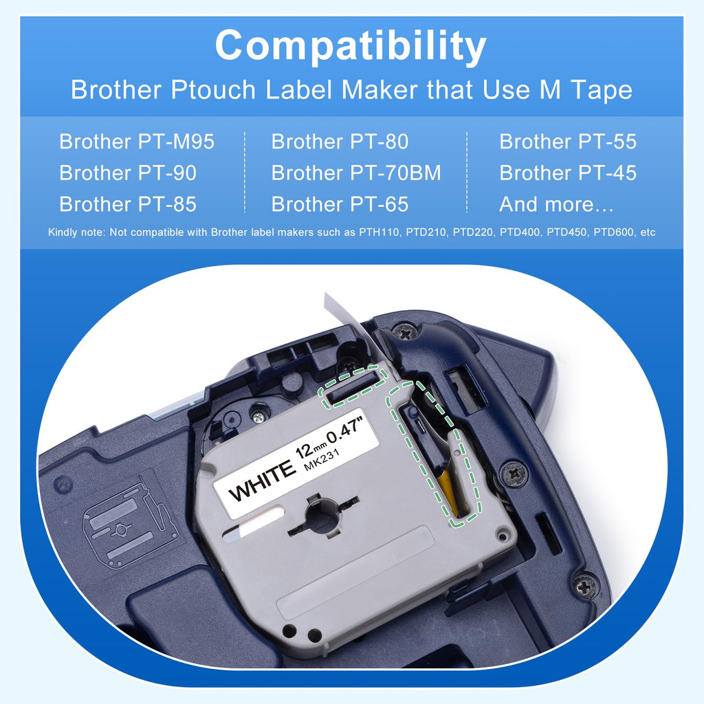 M-K231 12mm Label Maker Tape Replace for Brother P Touch M Tape M-K231s MK231 M-231 M231 M231s 12mm 0.47 Tape Work with Brother Ptouch PTM95 PT-M95 PT-65 PT-90 PT80 PT-70, Black on White