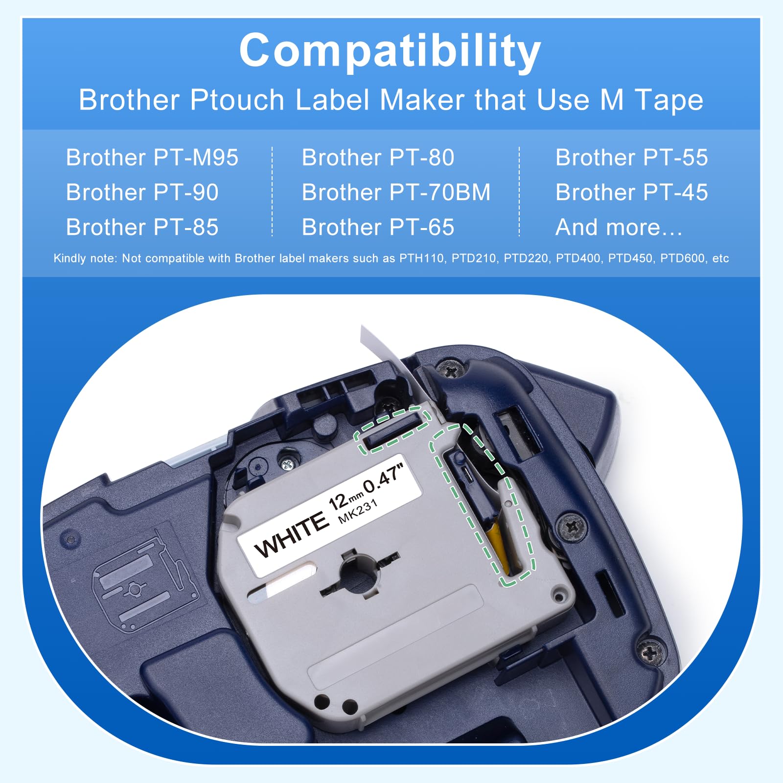 M-K231 12mm Label Maker Tape Replace for Brother P Touch M Tape M-K231s MK231 M-231 M231 M231s 12mm 0.47 Tape Work with Brother Ptouch PTM95 PT-M95 PT-65 PT-90 PT80 PT-70, Black on White