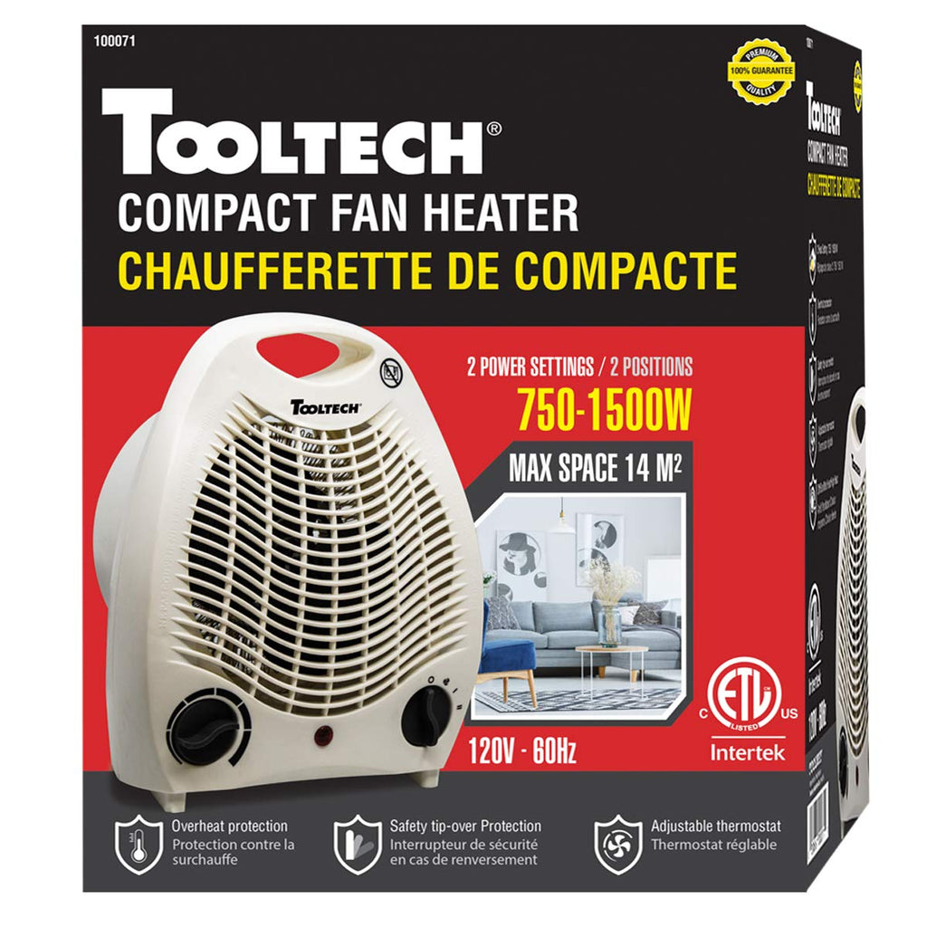 Tooltech® 750-1500-Watt Compact Fan Heater with Adjustable Thermostat