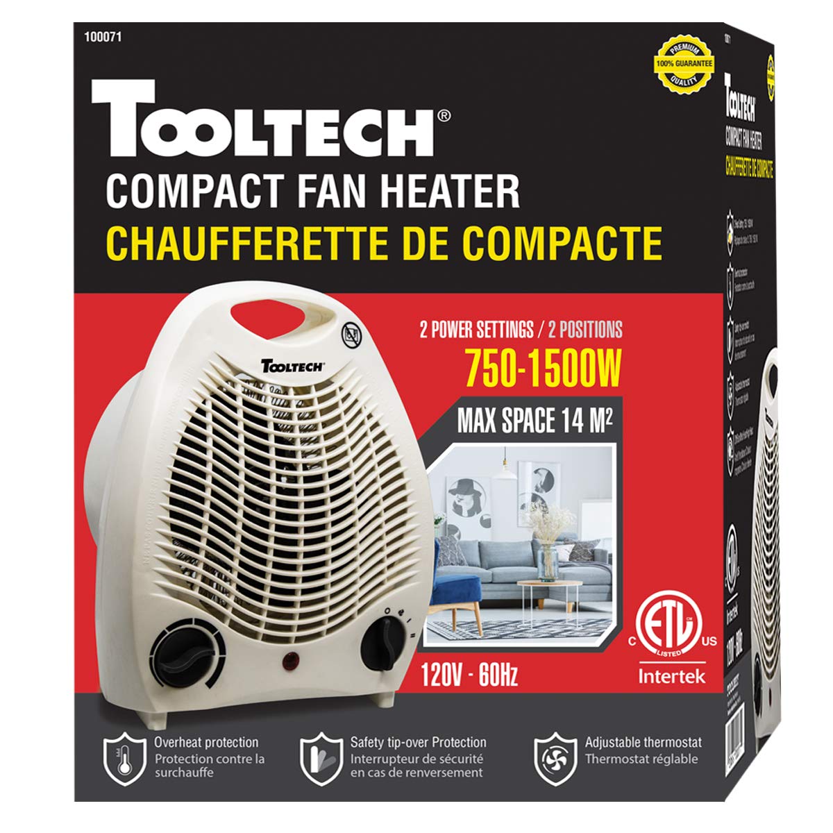 Tooltech® 750-1500-Watt Compact Fan Heater with Adjustable Thermostat