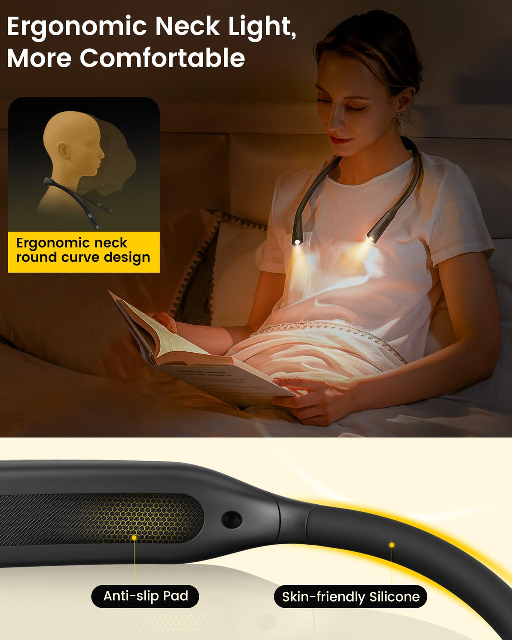 Glocusent Ergonomic Neck Light, 1200mAh 100Hrs Runtime, Eye-Caring Reading Light for Books in Bed, Stepless Colors & 5 Brightness, Rechargeable Book Light for Night Reading, Knitting, Repairing