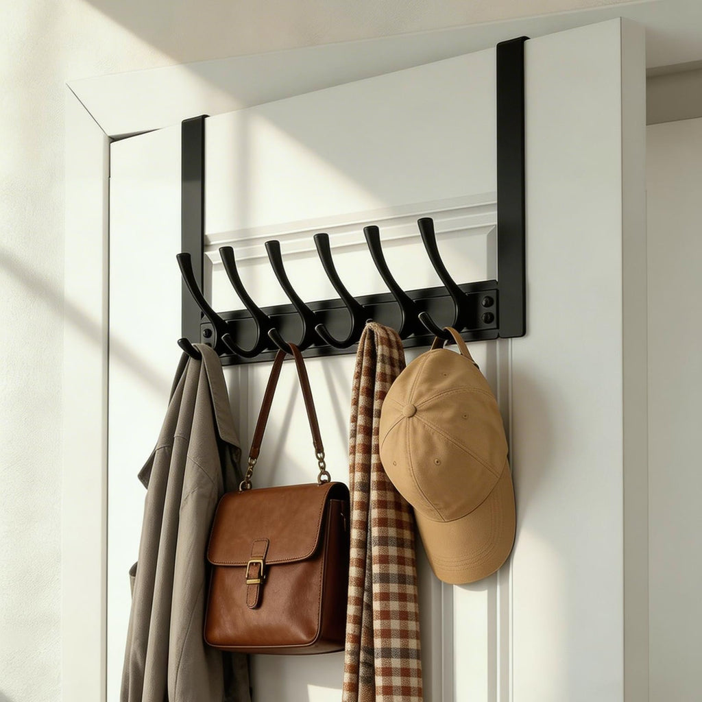 Over The Door Hooks,WLCSNG Door Hanger Hook with 6 Hooks for Hanging-Space-Saving Over The Door Towel Rack,Sturdy Towel Hanger for Bathroom,Guaranteed Quality & Compressed Packaging. (1, Black)