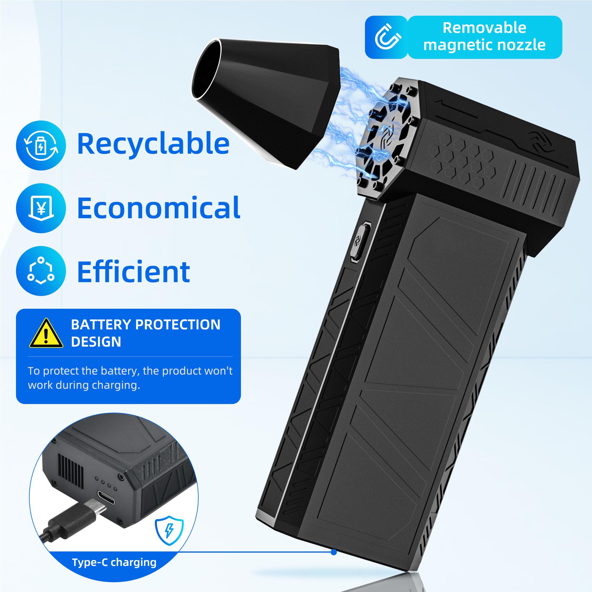 JM-BROS Compressed Air Duster - 130000RPM Handheld Electric Air Blower, Cordless Rechargeable Mini Turbo Jet Fan that’s Portable and Efficiently for Cleaning PC, Computer, Car, Keyboard, and Home