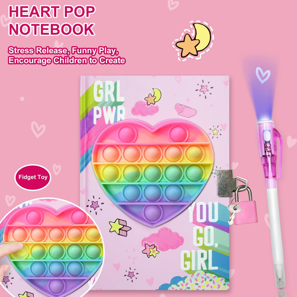 Pop Girls Diary with Lock and Invisible Ink Double-end Pen, 7.5x5.4” 160 Lined Page Fidget Colorful Heart Girls Journal for Kids Secret Notebook Pen Set Birthday Gifts for Girls 5 6 7 8 9 10 Years Old