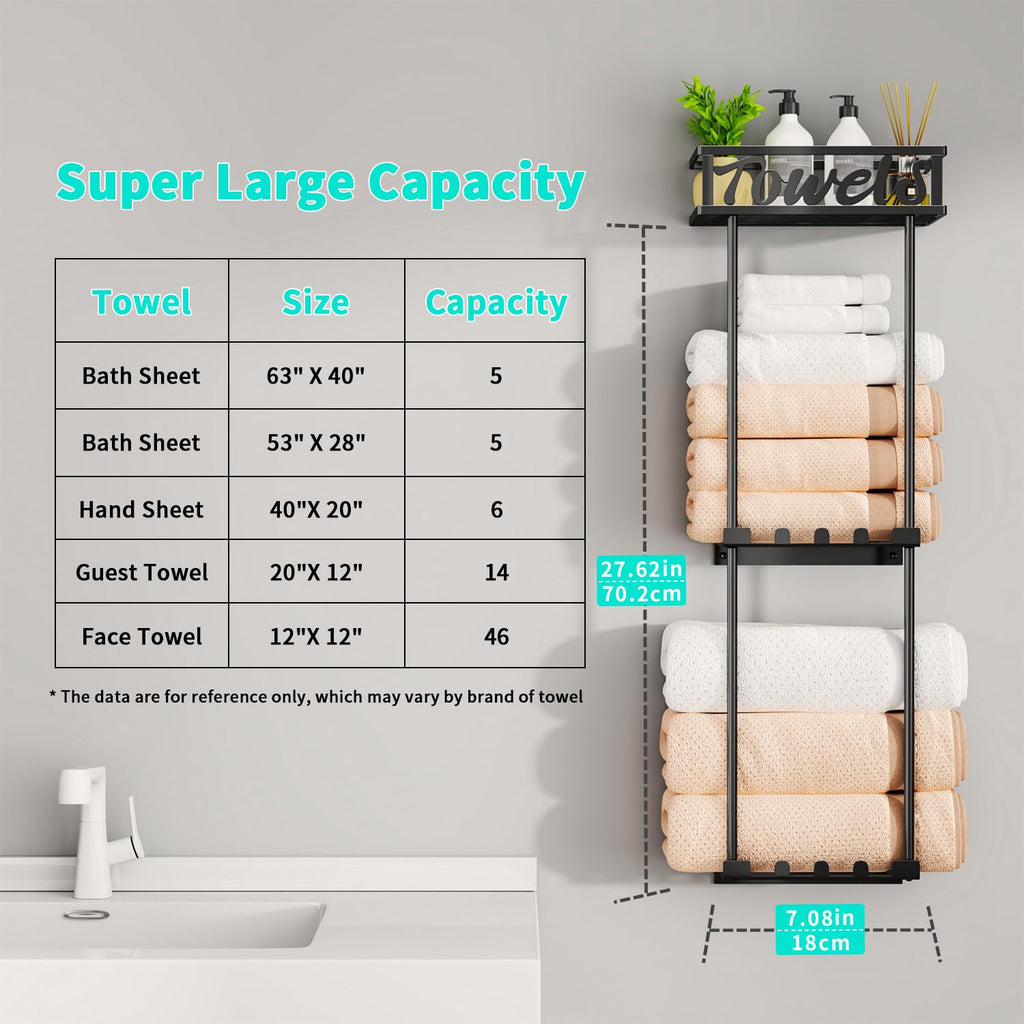 HapiRm Towel Rack Bathroom Storage - 3 Tier Over The Door & Wall Mounted Rolled Towel Rack Holder Organizer with Metal Shelf and 6 Hooks for Small Bathroom, Camper, Rv - Black
