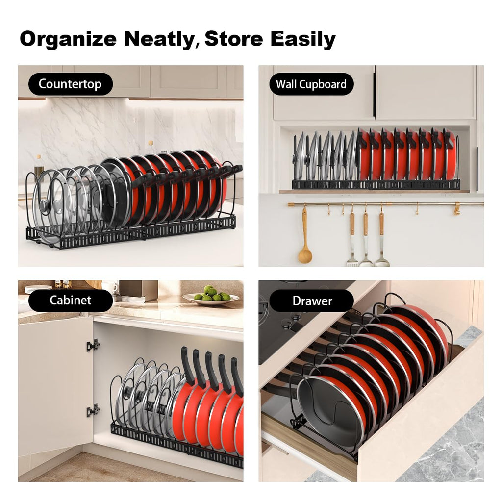 Housolution Pot and Pan Organizer Rack for Cabinet, Expandable Pot Lid Organizer with 14 Adjustable Dividers, Pan Holder Storage Rack for Kitchen Cabinet, Black