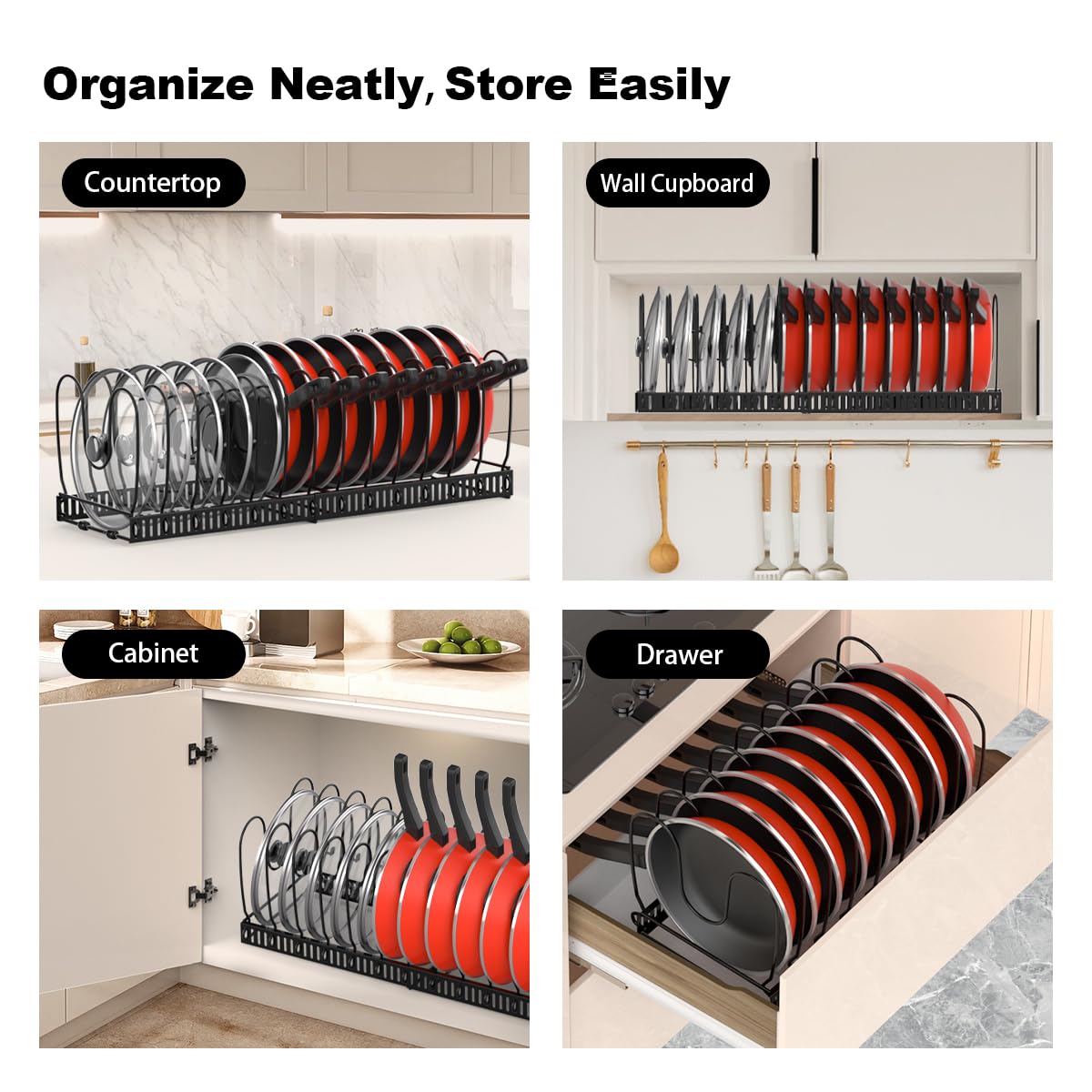 Housolution Pot and Pan Organizer Rack for Cabinet, Expandable Pot Lid Organizer with 14 Adjustable Dividers, Pan Holder Storage Rack for Kitchen Cabinet, Black