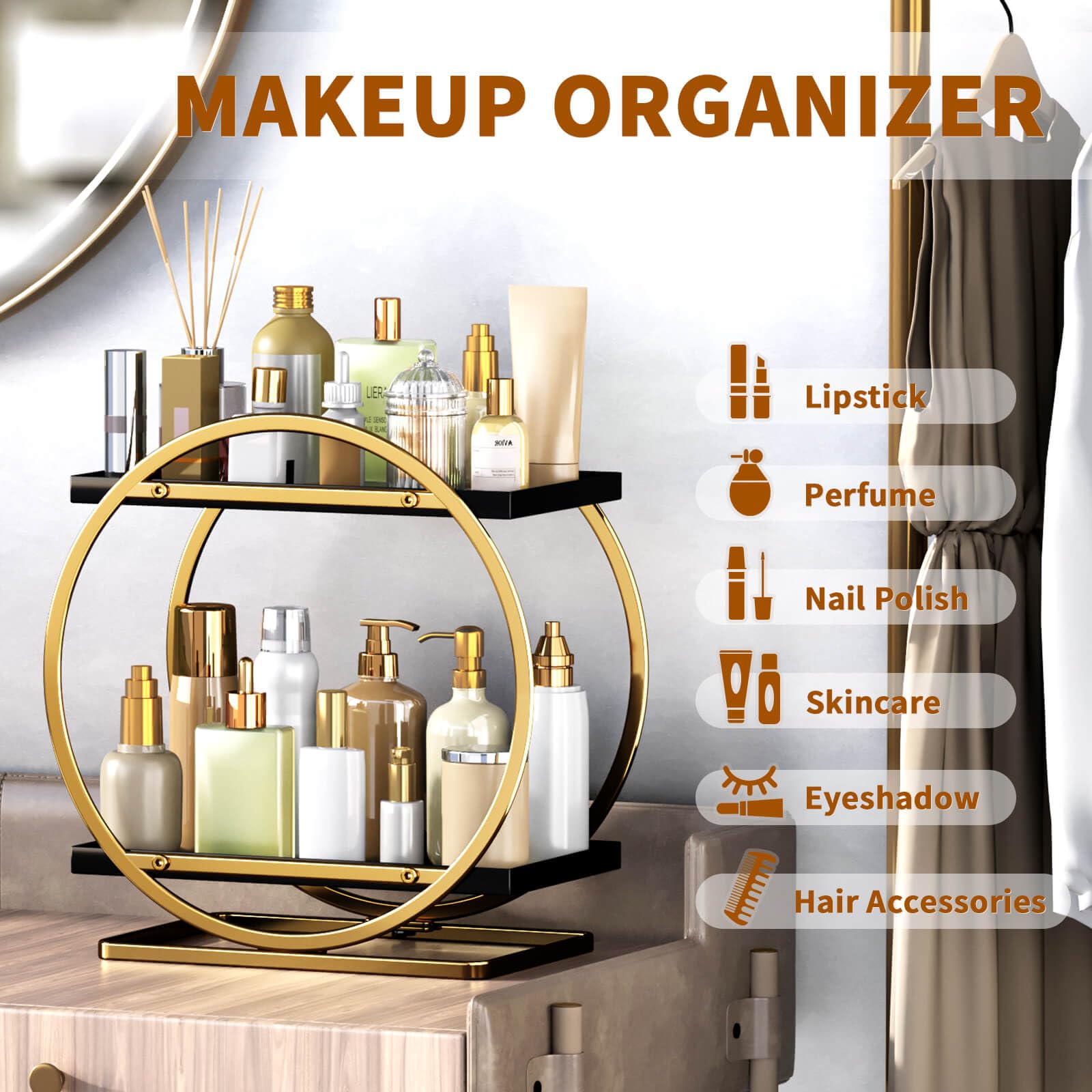 YIWANFW 2-Tier Makeup Organizer - Modern Elegant Black & Gold Countertop Perfume & Cosmetics Display Shelf