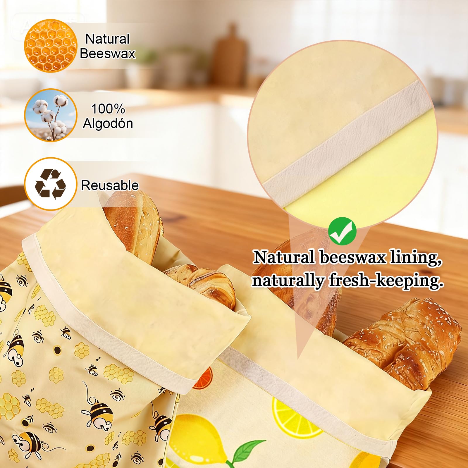2 Pack Reusable Beeswax Bread Bags, Natural Beeswax-Lined Cotton Bread Bags for Homemade Sourdough Bread, Large Storage Bags to Keep Bread Fresh for Freezer, Plastic-Free Storage, Washable