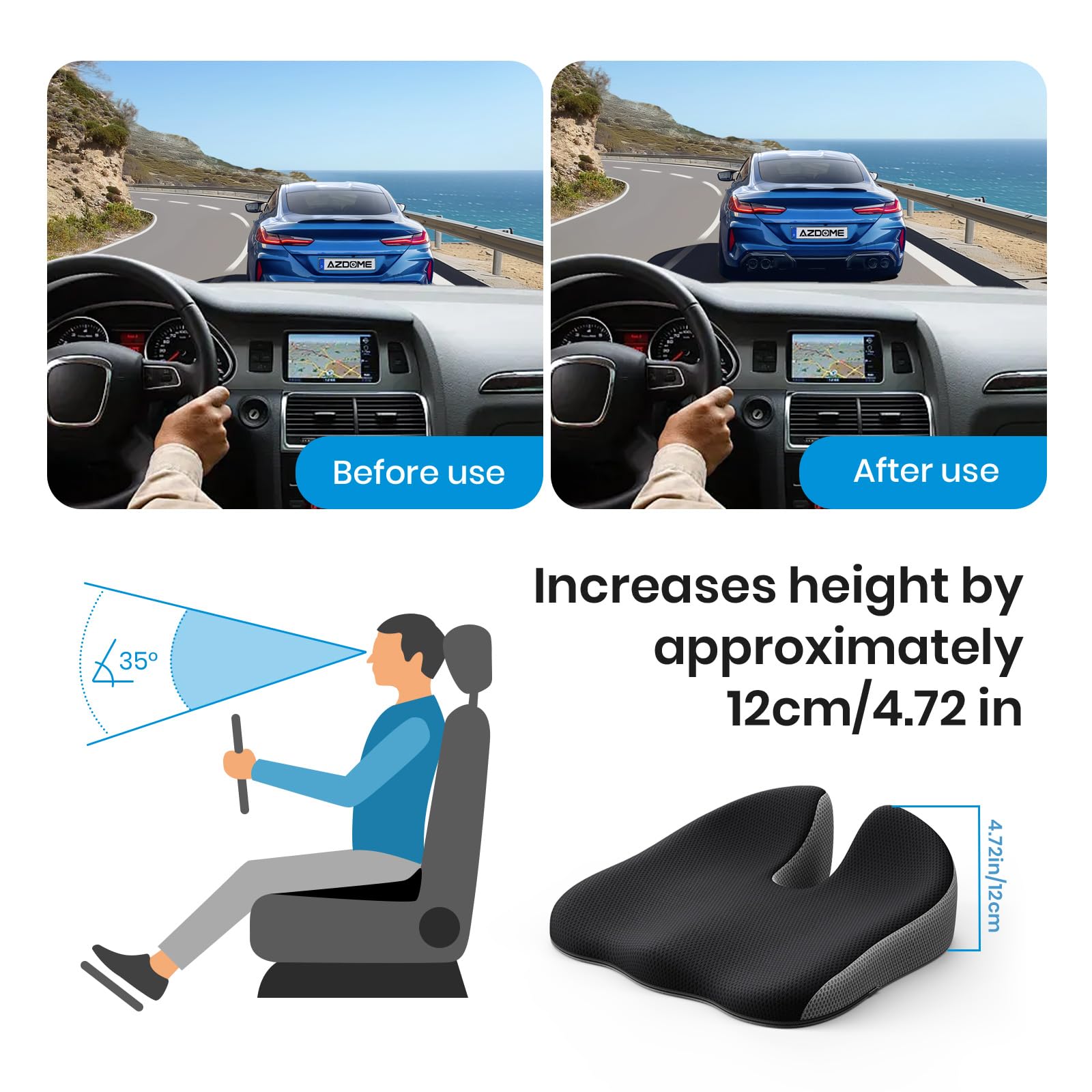Benazcap Car Seat Cushion - Memory Foam Car Seat Pad - Sciatica & Lower Back Pain Relief - Car Seat Cushions for Driving - Road Trip Essentials for Drivers