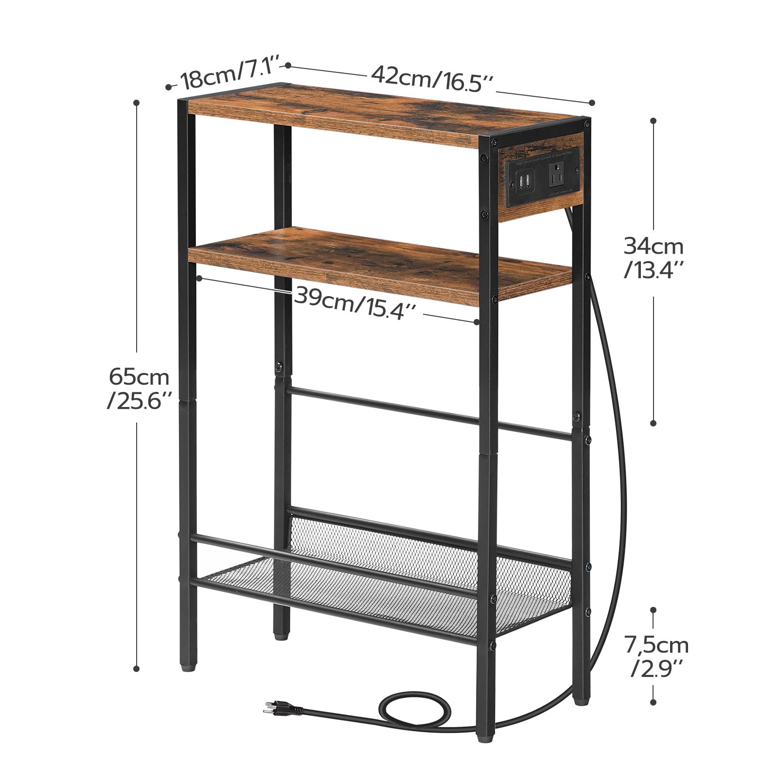 HOOBRO Narrow End Table, Side Table with Charging Station, 3-Tier Nightstand, Bedside Table with Protective Rails, for Small Space, Living Room, Bedroom, Office, Rustic Brown and Black BF102UBZ01