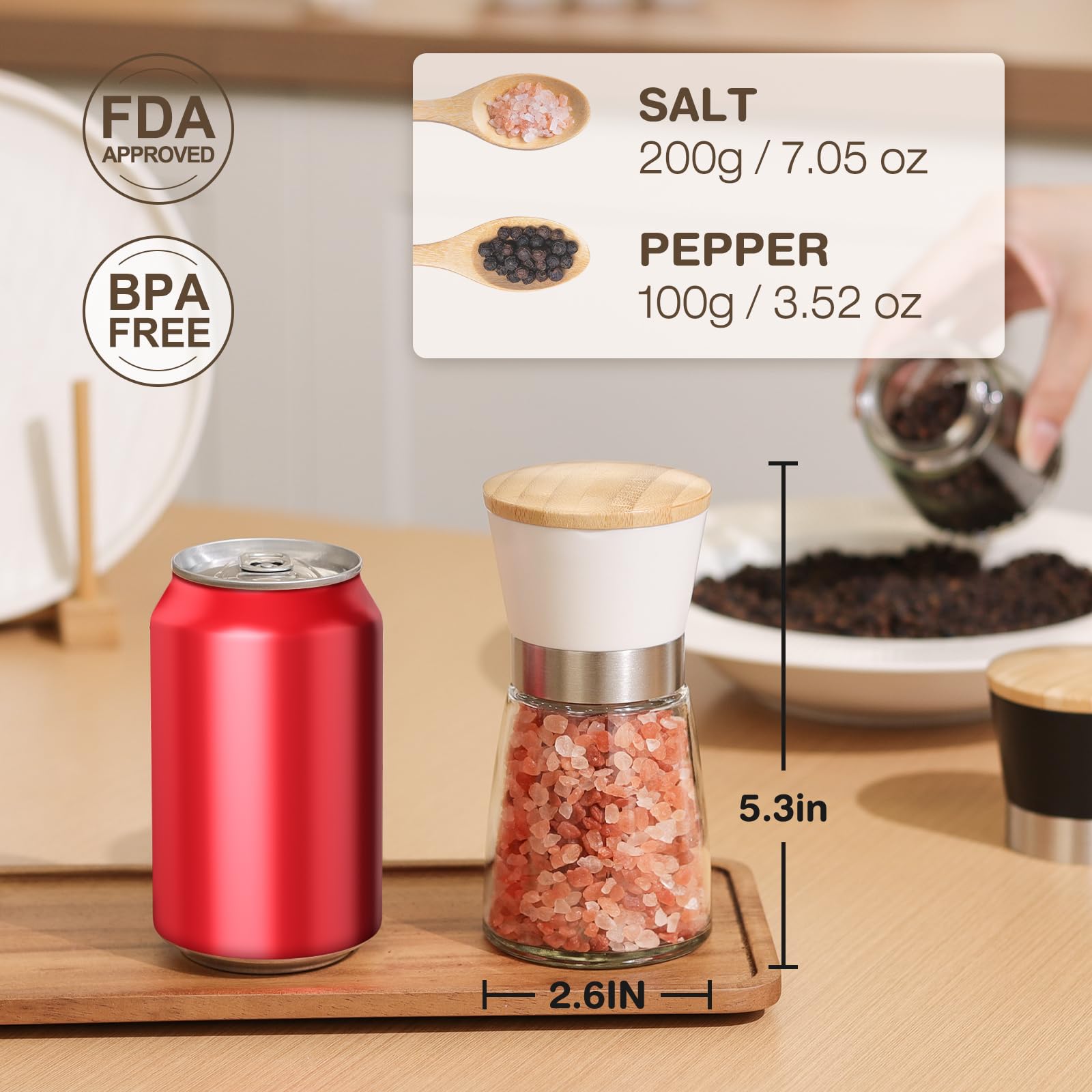 Vucchini Manual Salt and Pepper Grinder Set Bamboo Lid - Adjustable Coarse Salt and Pepper Mills - Refillable Ceramic Burr Kitchen Gift Salt Pepper Shakers Black&White
