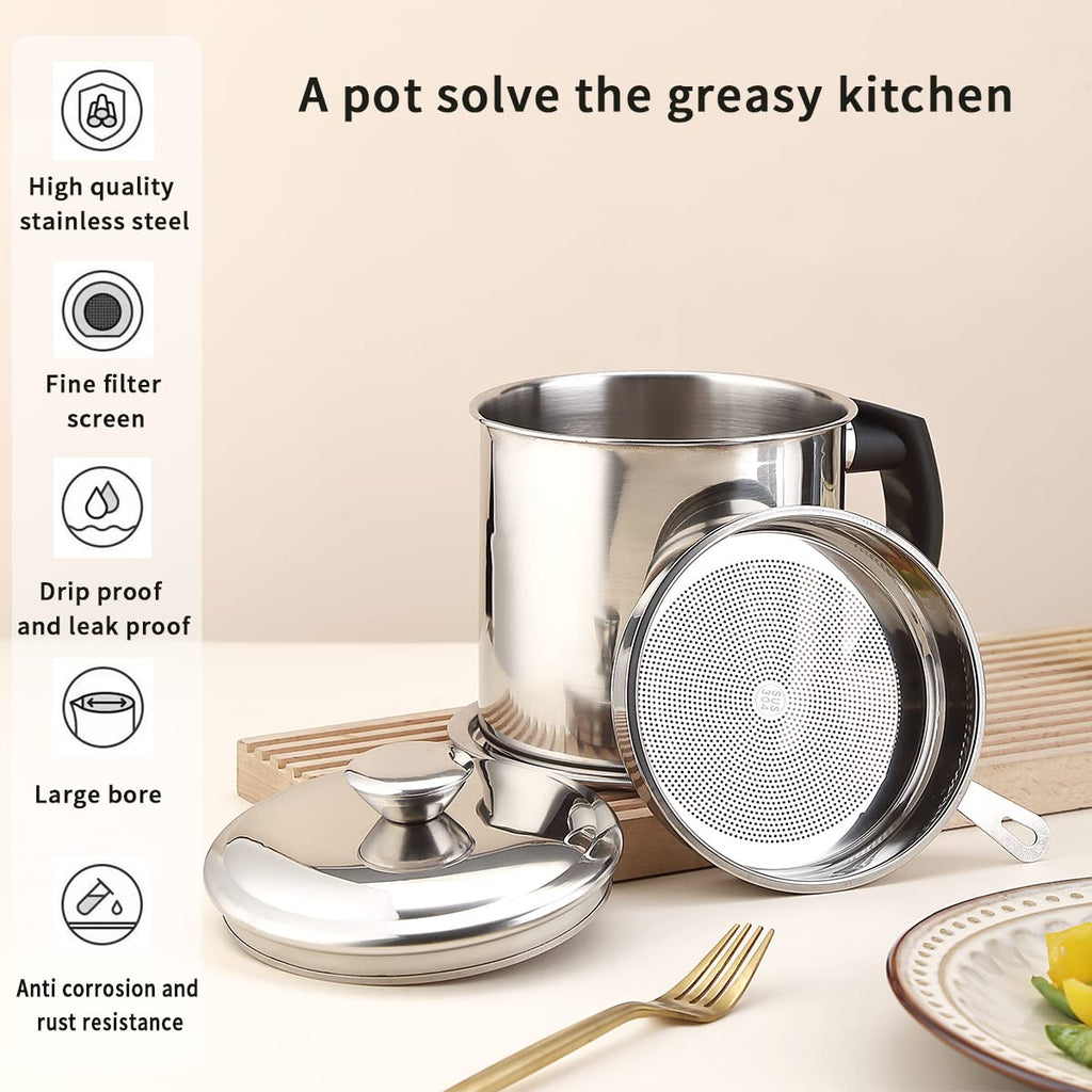 Kyraton Bacon Grease Container with Strainer, 48 oz Stainless Steel Oil Container, Pot Fat Storage with Lid, Easy Grip Handle Suitable for Storing Frying Oil and Cooking Grease